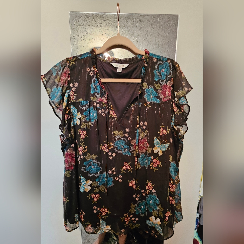 LC Lauren Conrad Black Dress with Multicolor Floral Design